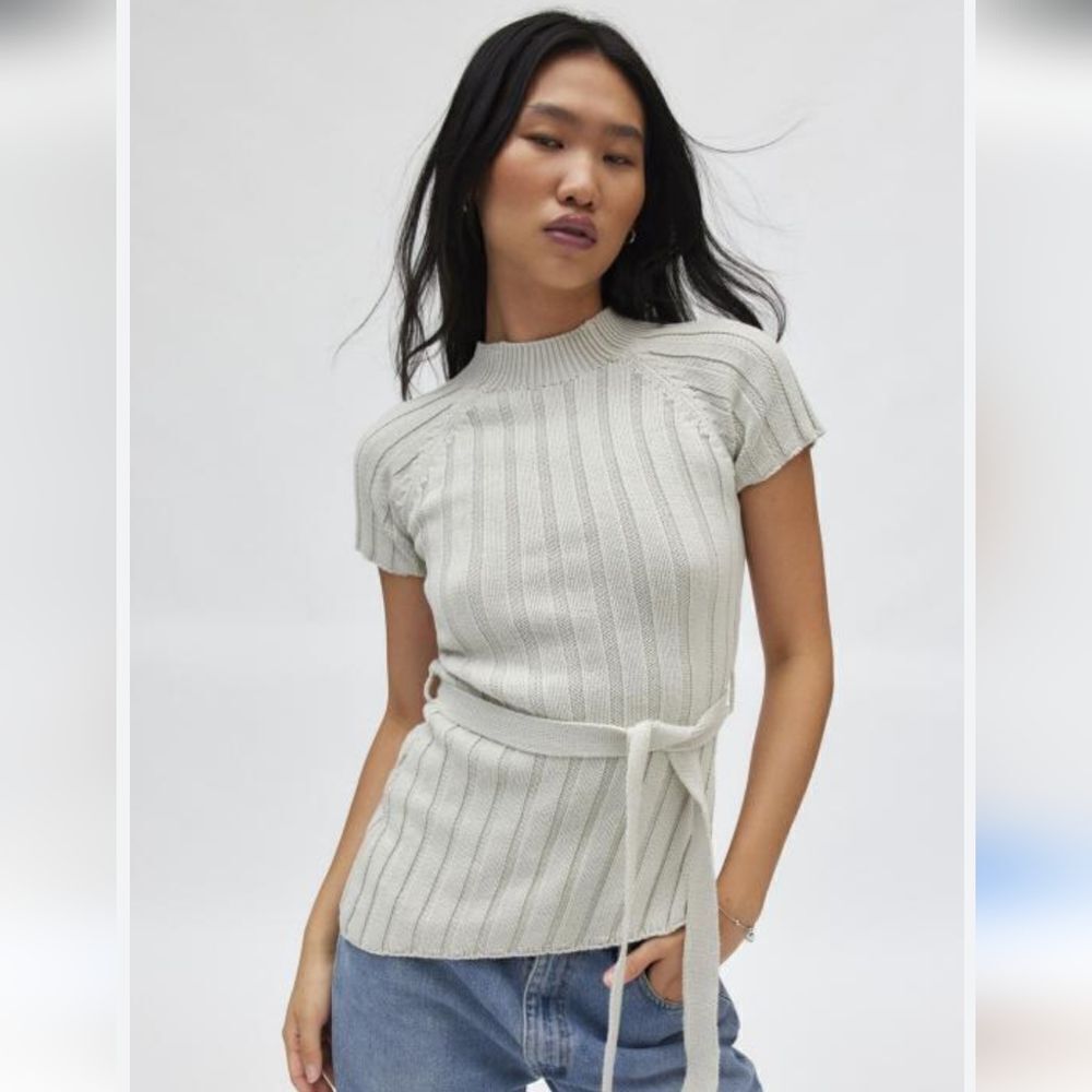 Ecote Off White rib-knit Mock Neck Tunic Sweater size M